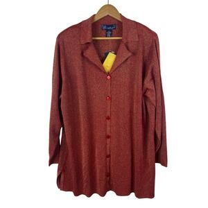 Susan Graver‎ Style Womens Red Gold Metallic Lurex Button Front Shirt 2X Stretch
